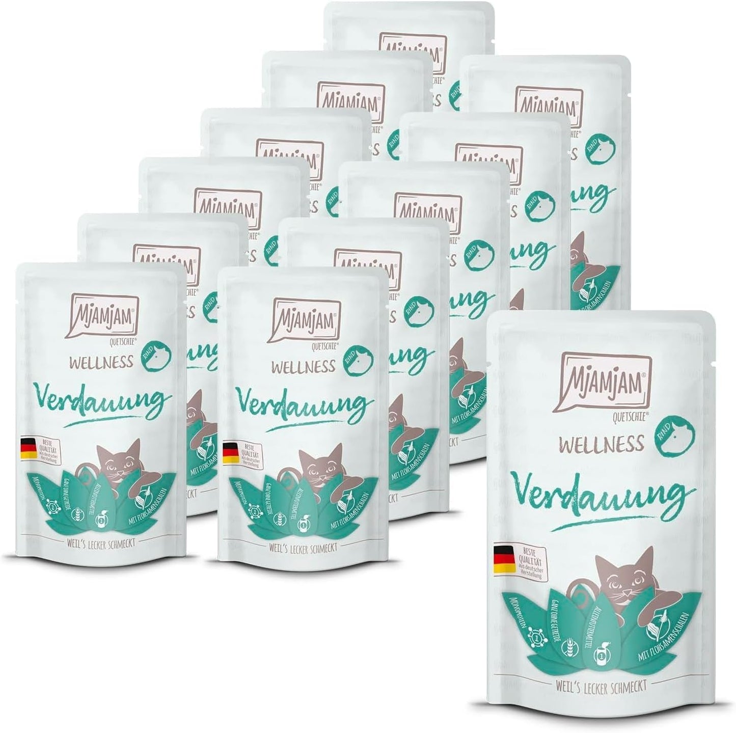 MjAMjAM – Premium-Nassfutter für Katzen – Wellness – Verdauungsfördernd – Rind, 12er-Pack (12 x 125 g), getreidefrei