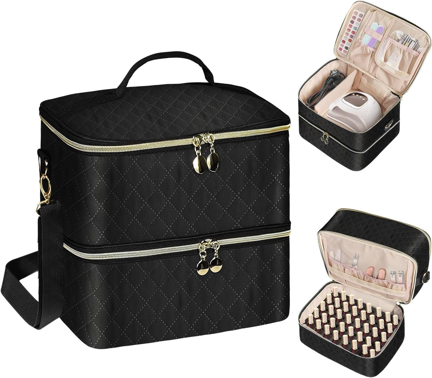 Nail Lacquer Organizer Tasche, Doppelschicht Nagellack Aufbewahrungsbox, Organizer Koffer Für Nageldesign Kosmetiktasche Für 30 Flaschen Neonail Base(15Ml-0.5 Fl.Oz) & 1 Nagellampe(Schwarz)