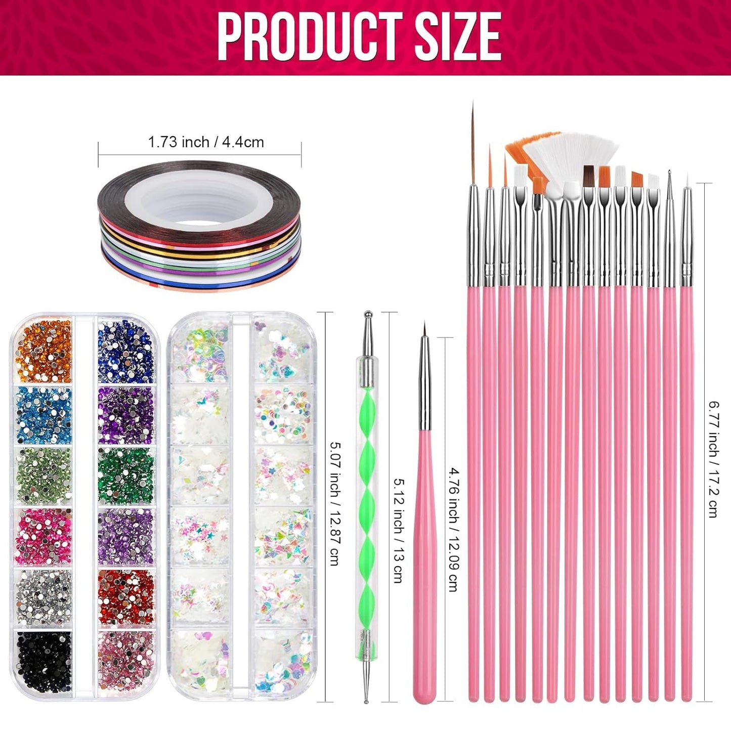 FANDAMEI Nail Art Pinsel Set, 15 Stücke Pinsel Für Gelnägel Nagel Pinsel, 5 Stücke Gepunkteter Stift, 10 Rolle Streifenband Nägel, Strasssteine ​​​​Nägel, Ultra Dünne Nagel Pailletten Für Nagelkunst Maniküre Set