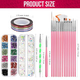 FANDAMEI Nail Art Pinsel Set, 15 Stücke Pinsel Für Gelnägel Nagel Pinsel, 5 Stücke Gepunkteter Stift, 10 Rolle Streifenband Nägel, Strasssteine ​​​​Nägel, Ultra Dünne Nagel Pailletten Für Nagelkunst Maniküre Set