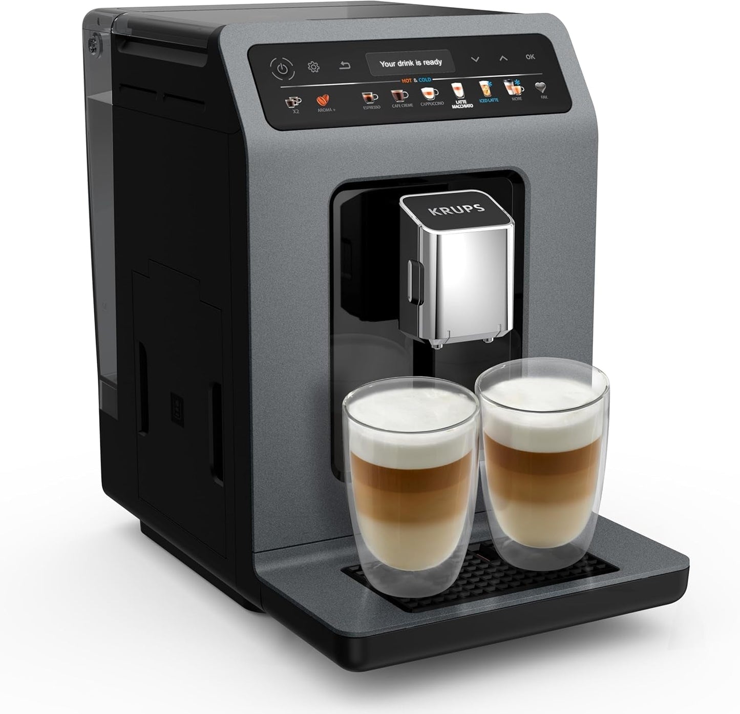 KRUPS Evidence One automatische Espressomaschine mit Milchschlauch, One-Touch-Cappuccino, 12 Spezialgetränke, 2-Tassen-Funktion, Farbdisplay, Espressomaschine, TÜV-Zertifikat, Schwarz, EA895N10