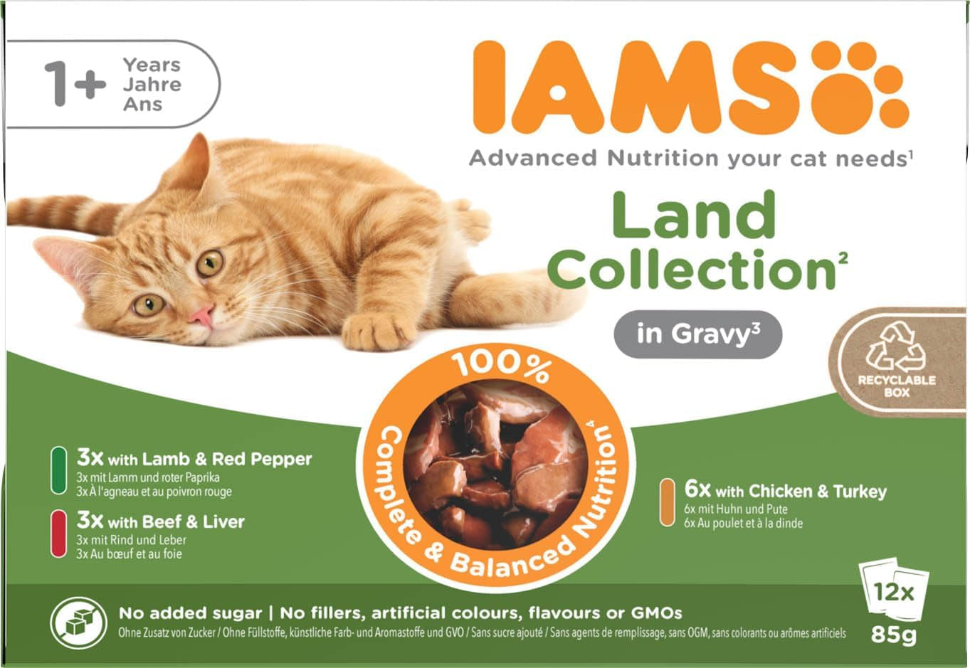 IAMS Delights Land Collection Nassfutter für Katzen – Multipack mit Fleischsorten (Lamm, Rind, Huhn und Pute) in Soße, Nassfutter für Katzen ab 1 Jahr, 12 x 85g