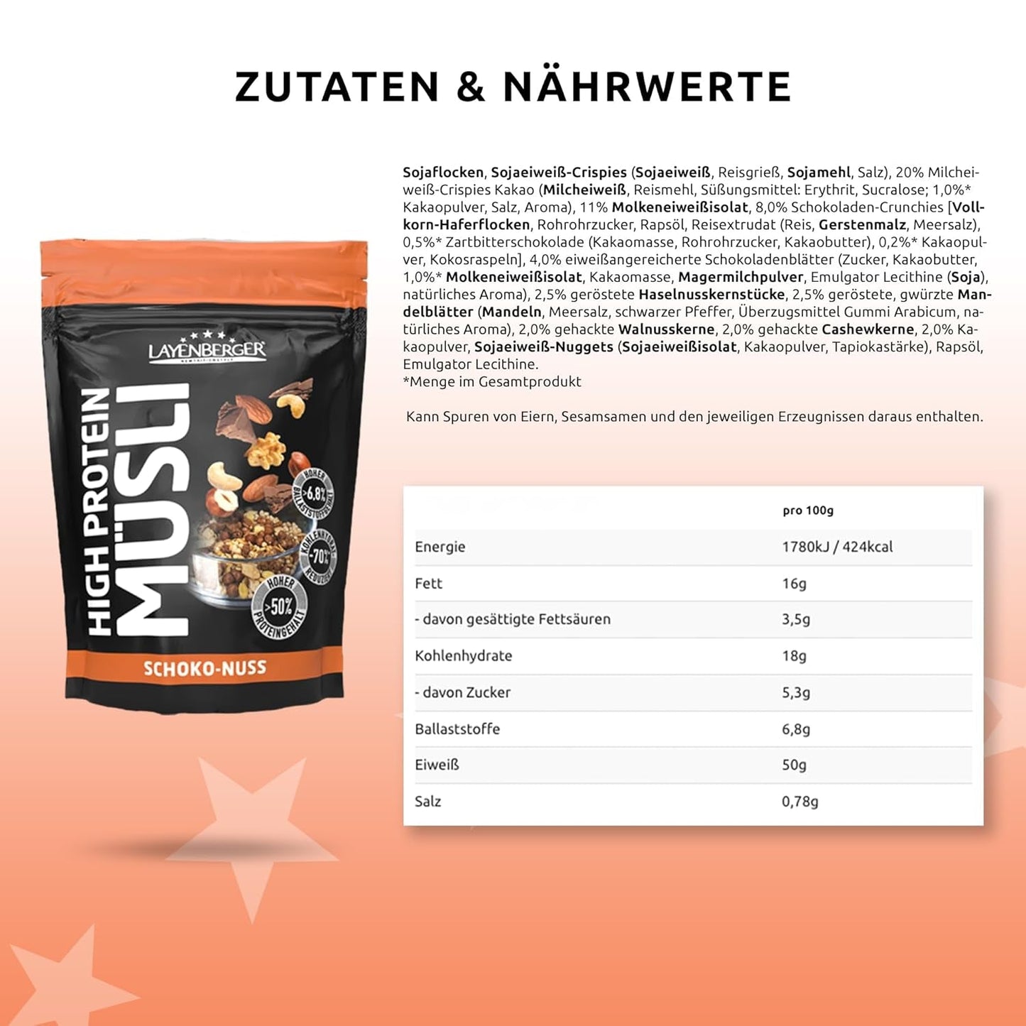 Layenberger 3K High Protein Müsli, 50% Eiweiß und 18% Kohlenhydrate - Einzelpackung (1X 390 G) - Schoko-Nuss Cerealien Naty Shop