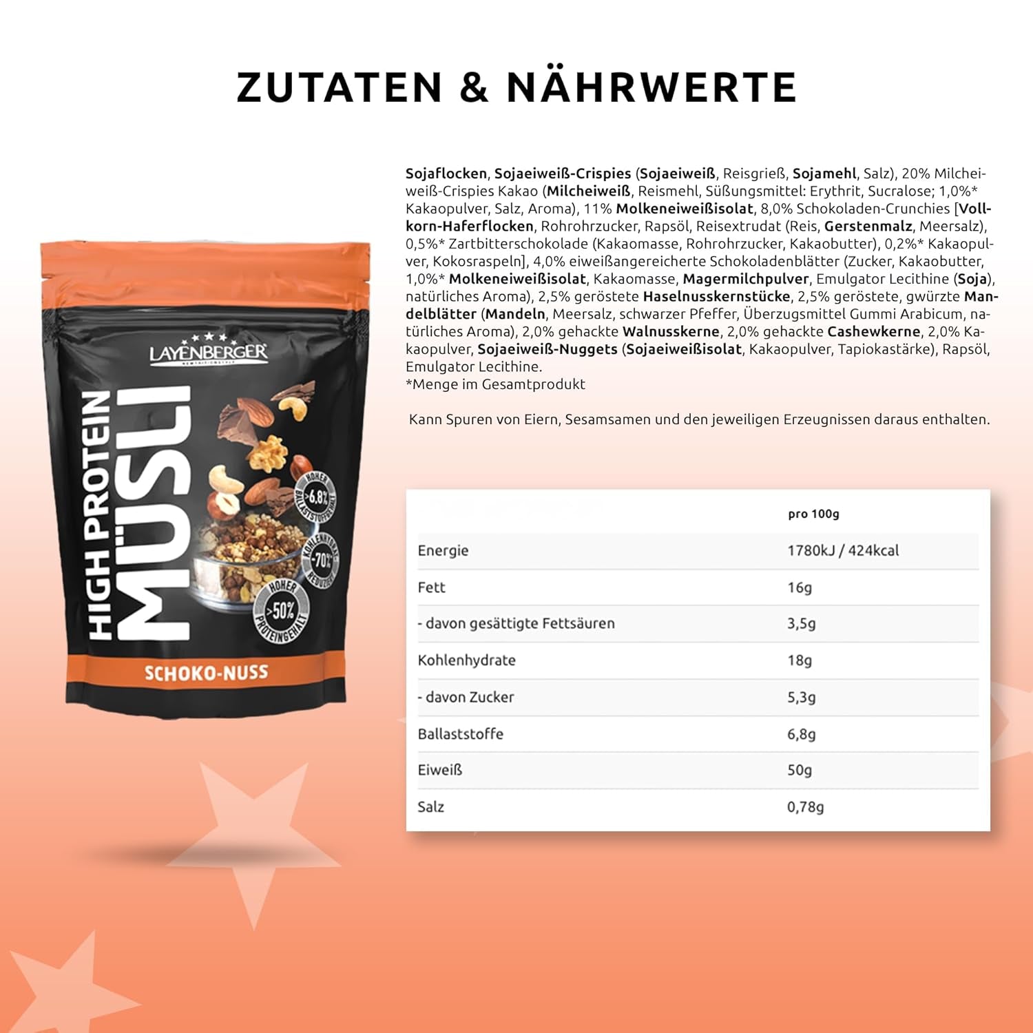Layenberger 3K High Protein Müsli, 50% Eiweiß und 18% Kohlenhydrate - Einzelpackung (1X 390 G) - Schoko-Nuss Cerealien Naty Shop