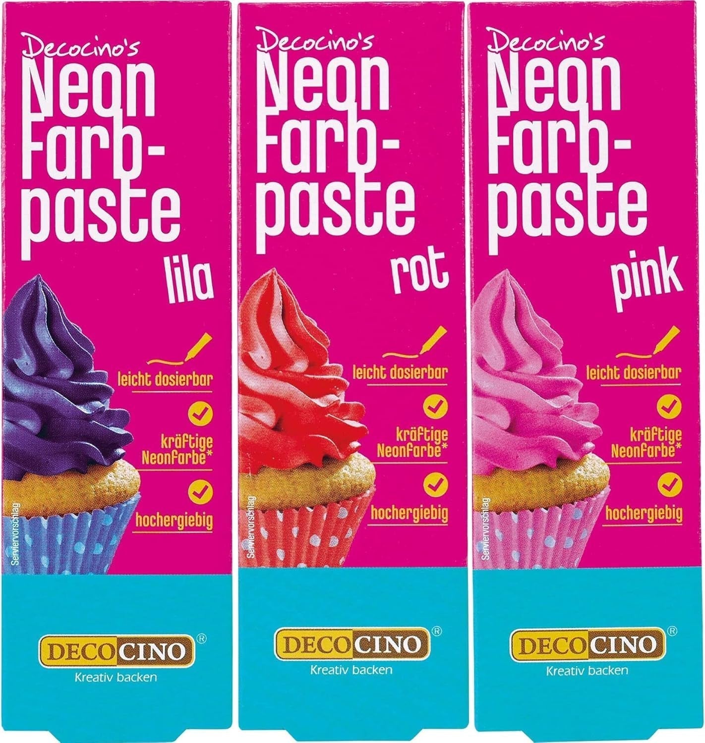 Decocino Neon-Lebensmittelfarben-Set – 3-teilig – Rot, Rosa, Lila – hochdosierte Lebensmittelfarbe – zum Einfärben von Kuchen, Muffins, Cupcakes – geschmacksneutral