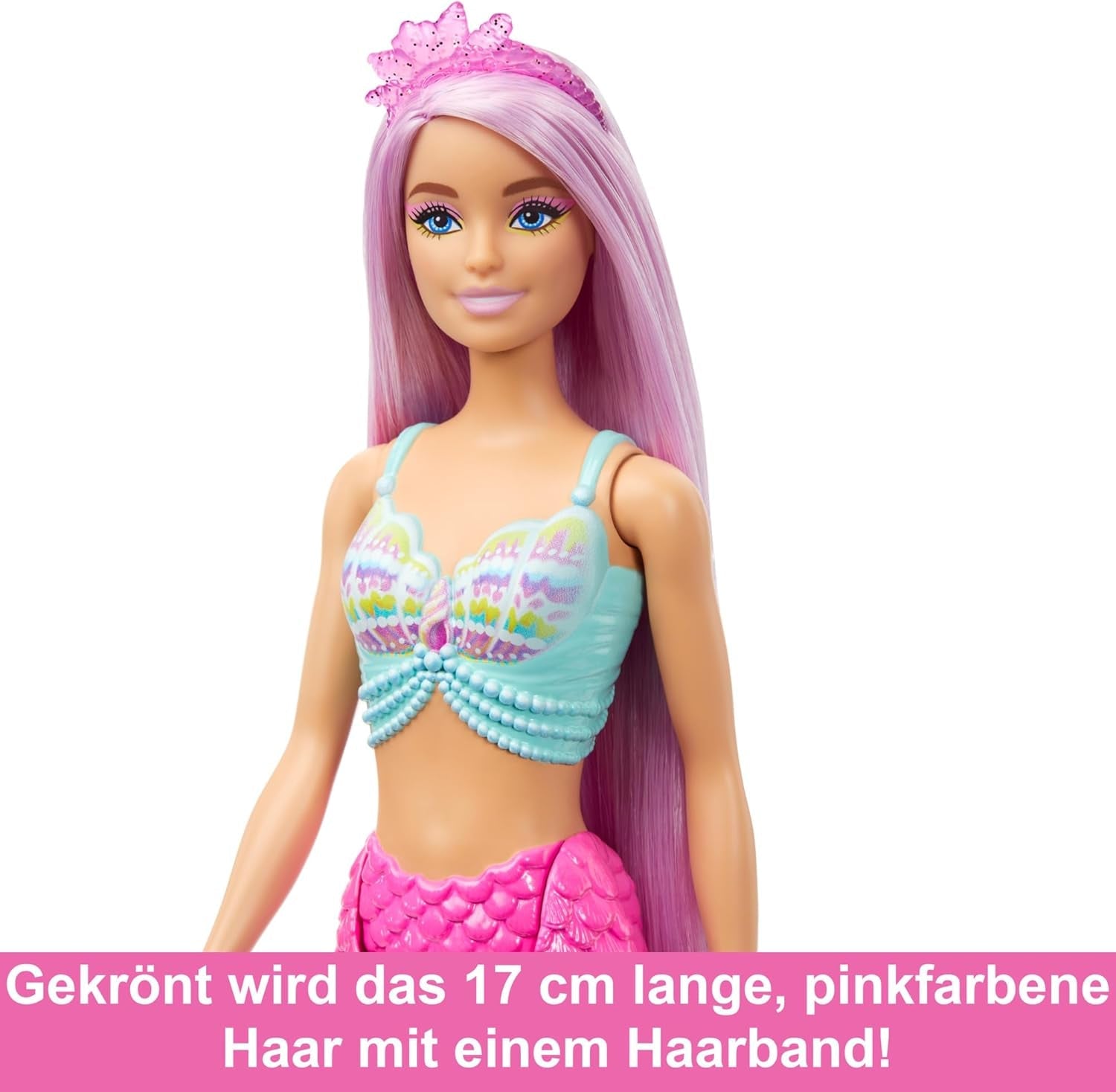 Barbie-Meerjungfrau-Puppe – mit langen rosa Haaren und individuellen Styling-Accessoires, einschließlich Bürste, hübscher Muschelspitze und rosa Schwanzflosse, ab 3 Jahren, 00 HRR