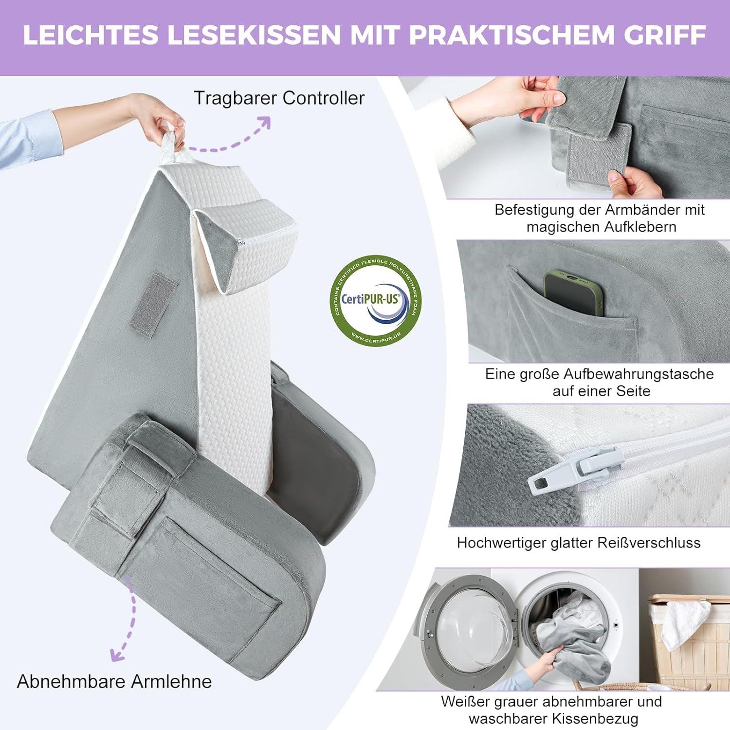 Großes Lesekissen mit Griffstange, hochdichtem Schaumstoff, ergonomischem Rückenkissen, Armlehnen, Nackenstütze und Kopfstütze, Liegesitzkissen zum Schlafen, Spielen, Fernsehen, für Bett und Sofa