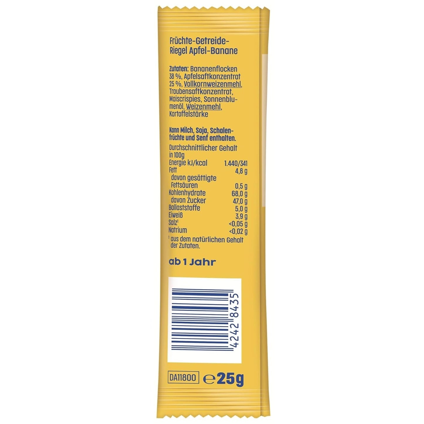 Apfel- und Bananenriegel (20 x 25 g), nur mit Früchten gesüßt, perfekter Snack für zwischendurch, zubereitet aus streng kontrollierten und ausgewählten Zutaten.