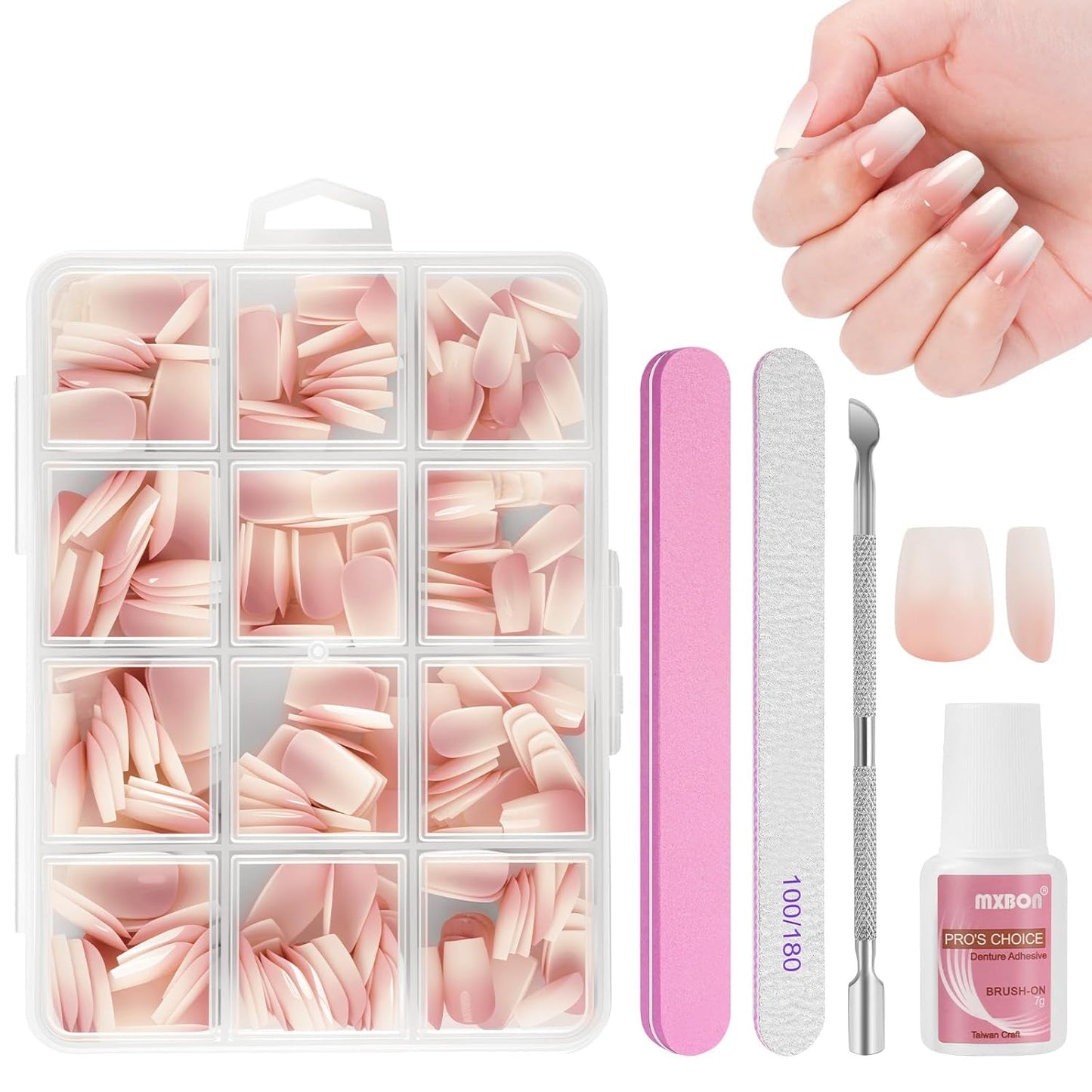 240-teiliges Set mit künstlichen Nagelspitzen, French Press On False Nails, Press On French Nails, 12 Größen, Fake Nails mit Kleber für Damen und Herren (Nude White Medium Almond)