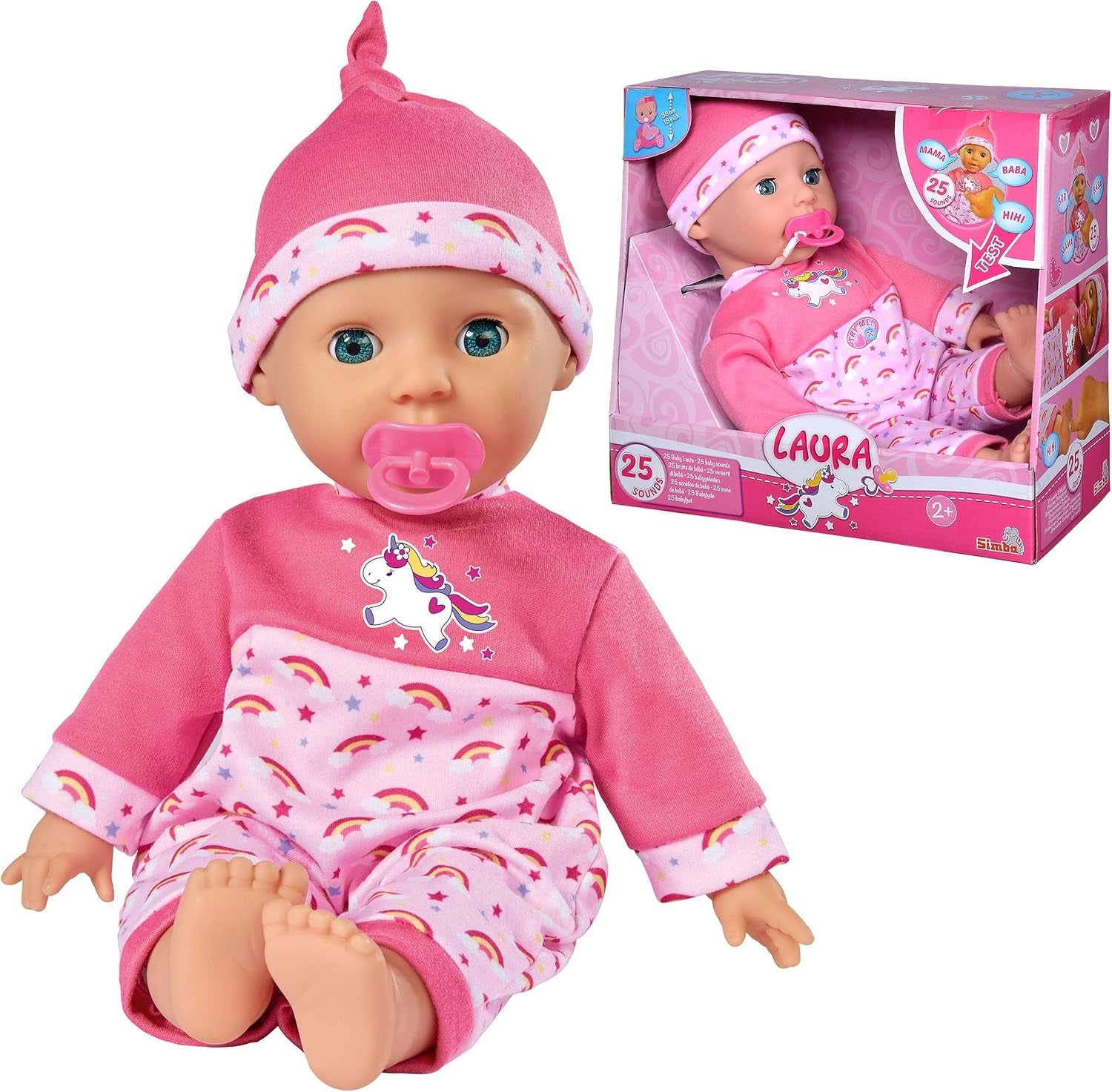 Simba 105140060 – Laura Tickle Baby-Puppe mit weichem Körper und Regenbogenmatratze, macht 25 Babygeräusche, 38 cm, Puppe für 2 Jahre und älter