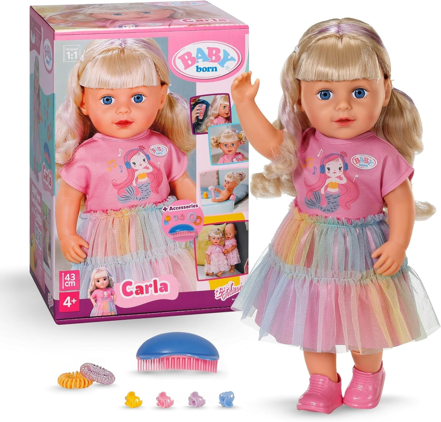 BABY born Carla – 43 cm große Puppe – hochwertiges blondes Haar mit Strähnen – keine Batterien erforderlich – geeignet für Kinder ab 4 Jahren – inklusive 7 Zubehörteilen, rosa