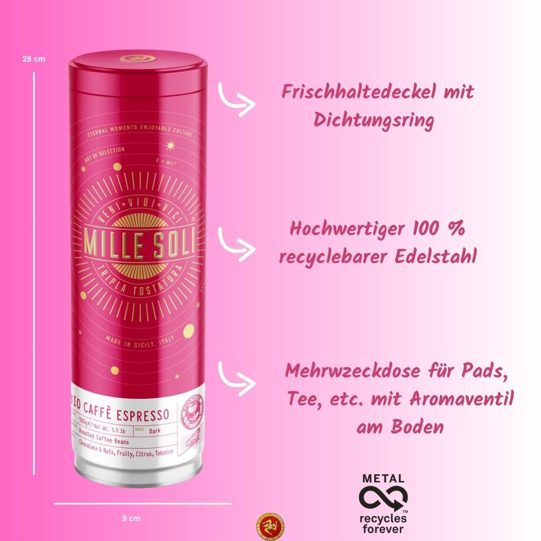 Bio-Espressobohnen 500g in versiegelter Kaffeebox – Top-Qualität und wiederverwendbar – Premium-Kaffeebohnen, geröstet in Sizilien