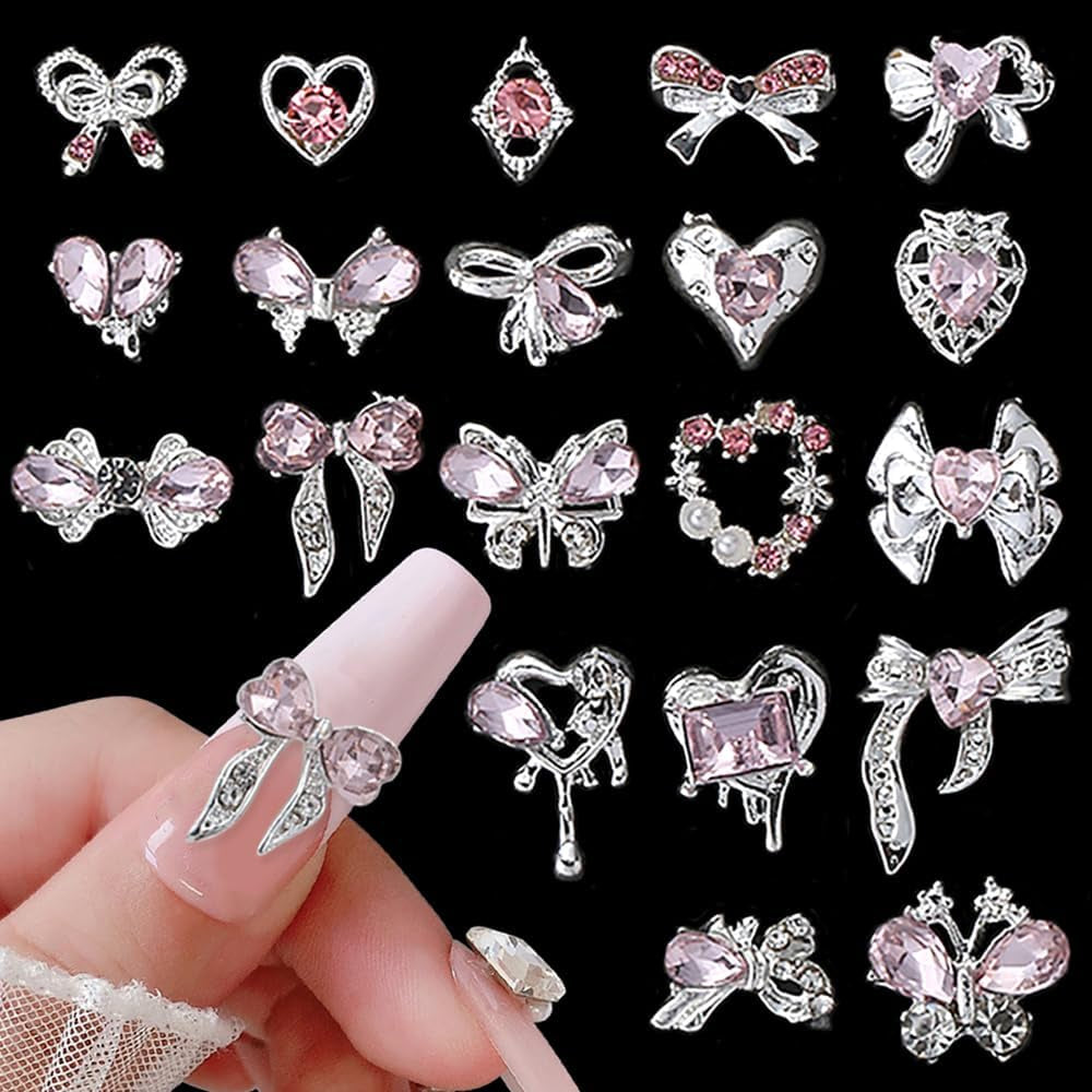 Luxus Rosa Diamant Nagel Charms 3D Butterfly Nail Art Charms Bow Nail Charms Y2K Heart Charms Nägel Zubehör Schmetterling Herz Schleife Nageldesign Edelsteine ​​​​Strasssteine ​​​​Glitzersteine ​​​​Nagelschmuck