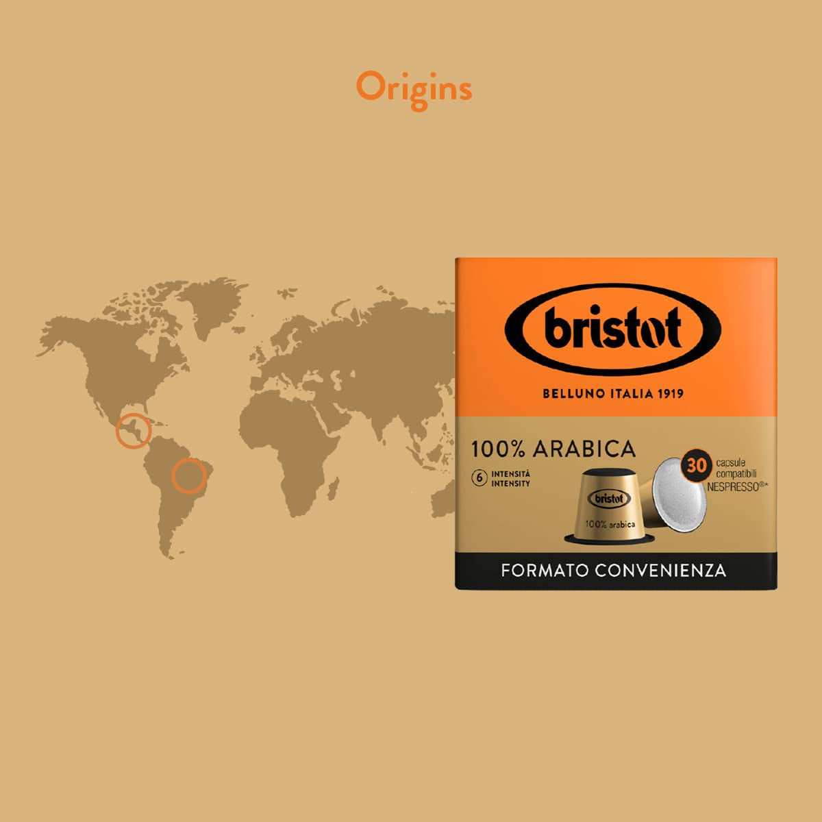 Bristot, 100 % Arabica-Kaffee – 120 Kapseln kompatibel mit Nespresso – Kaffeemischung aus Mittelamerika und Brasilien, Schokolade und Trockenfrüchtenoten – 4 Packungen je 30 Kapseln
