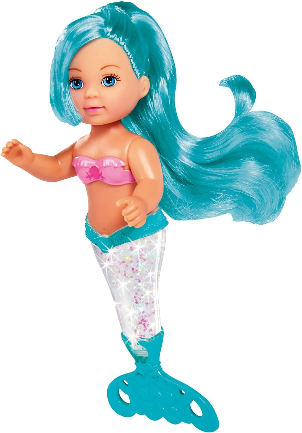 Simba 105733482 – Evi Love Glitter Mermaid, Meerjungfrauenpuppe mit einer Schwanzflosse, die beim Schütteln leuchtet. Es wird nur EIN Artikel bereitgestellt.