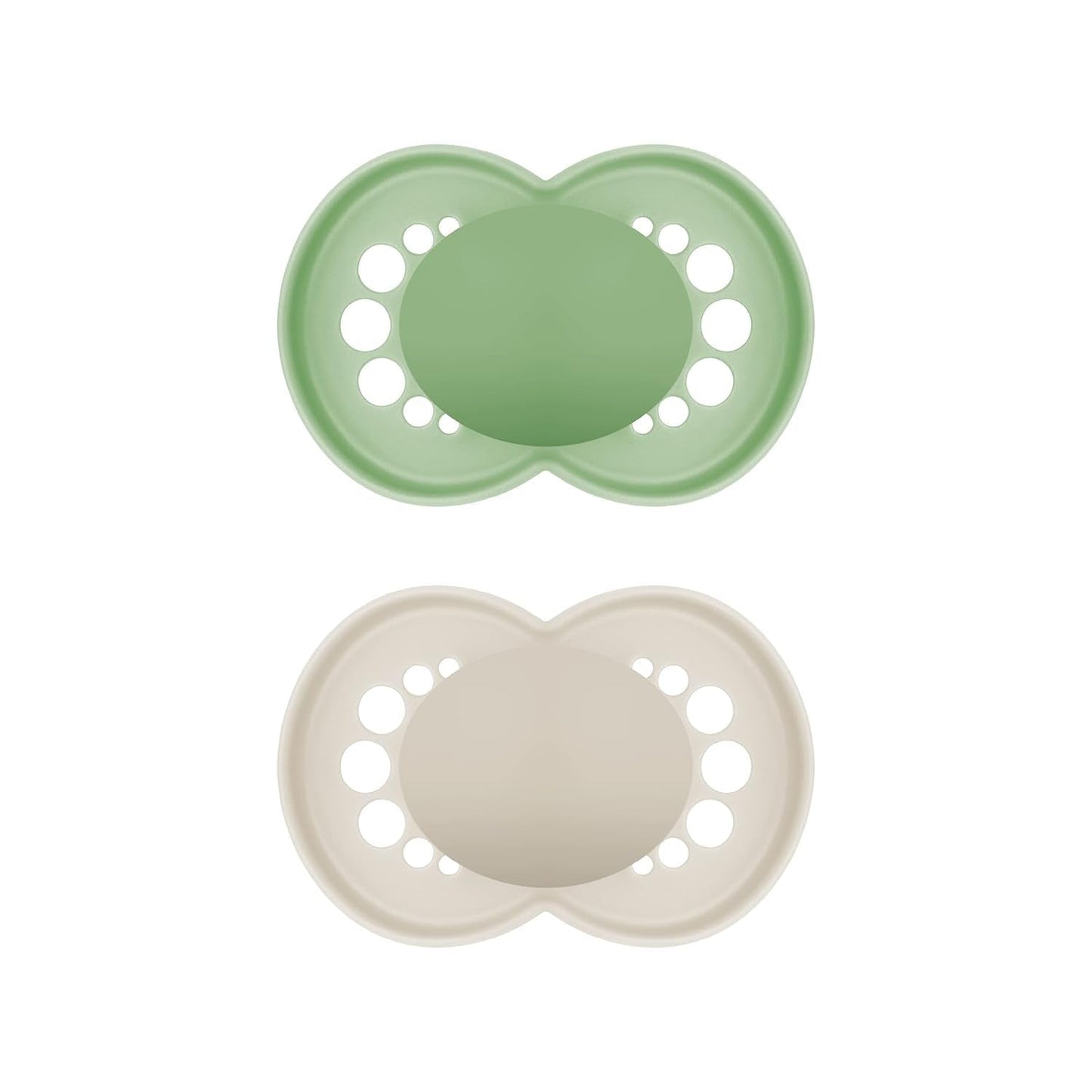 MAM Original Schnuller, 2er-Pack, zahnfreundliche Babyschnuller, aus nachhaltigen und bioregenerierbaren Materialien, MAM SkinSoft Silikonsauger, mit Schnullerbox, 6-16 Monate, Grün/Beige