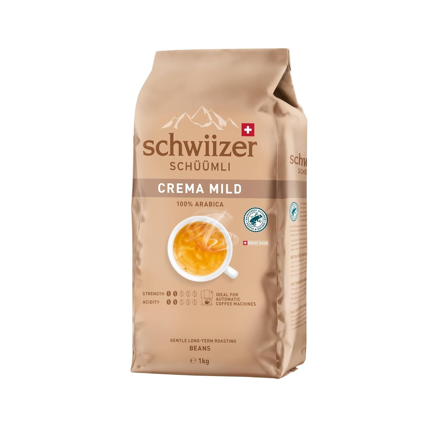 Schwiizer Schüümli Crema Mild, 100% Arabica-Kaffeebohnen fein, harmonisch und mild, ideal für automatische Espressomaschinen, Stärke 2/5, helle Röstung, Rainforest Alliance, 1kg