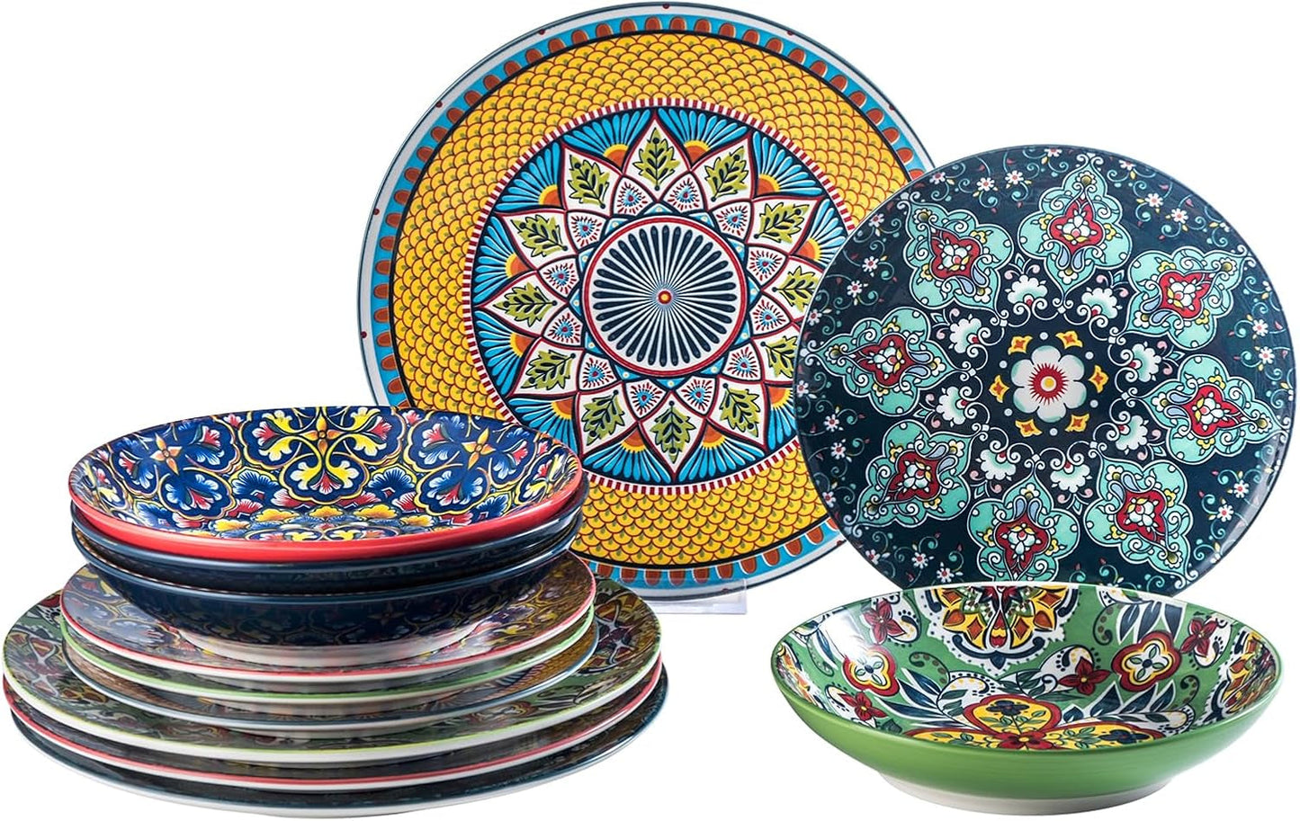 HENXFEN LEAD Porzellan-Geschirr-Set, 12-teiliges Geschirr-Set für 4, buntes Geschirr-Set für 4 – handbemalte Teller, Dessertteller, Suppenteller – Bohemian-Stil