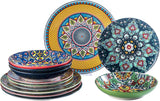 HENXFEN LEAD Porzellan-Geschirr-Set, 12-teiliges Geschirr-Set für 4, buntes Geschirr-Set für 4 – handbemalte Teller, Dessertteller, Suppenteller – Bohemian-Stil