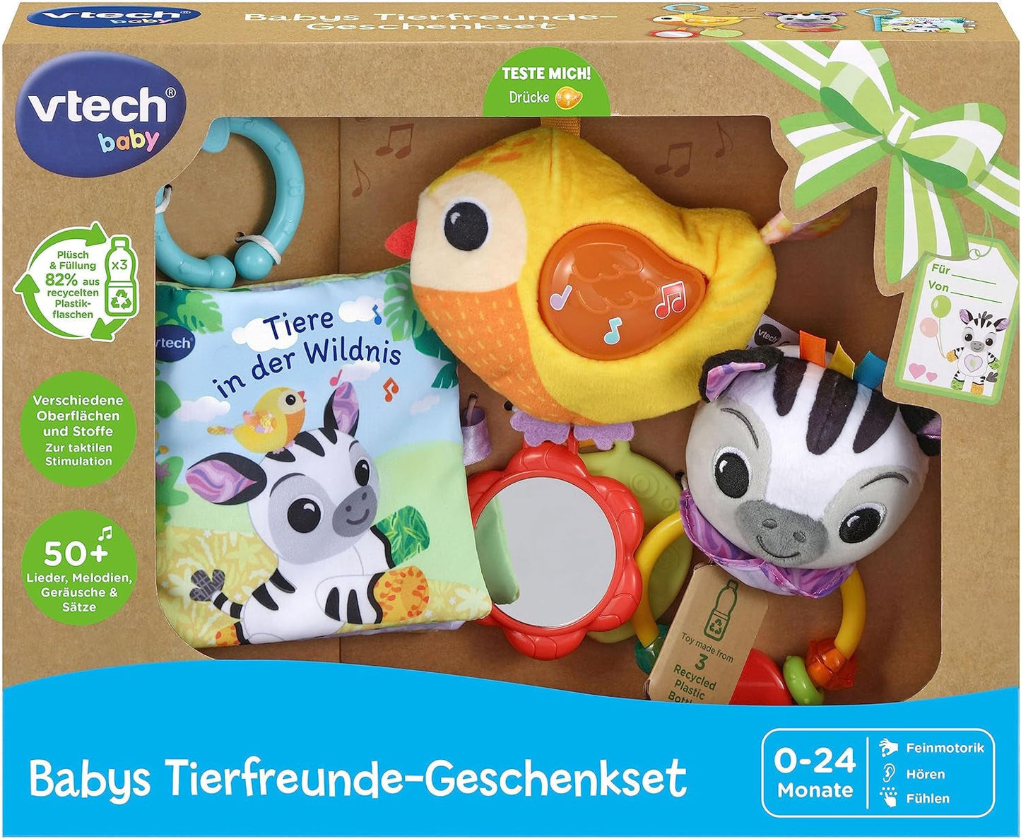VTech Baby – Baby's Animal Friends Geschenkset – Spielzeugset mit Stoffbuch, singendem Vogel und Zebrarassel – für 0–24 Monate Babyspielzeug Naty Shop