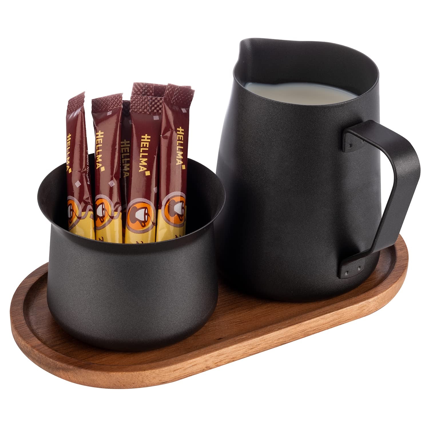 Milch- und Zuckerset APS 634, 5-teiliges Set, Akazienholz, Edelstahl, Antihaftbeschichtung, schwarz