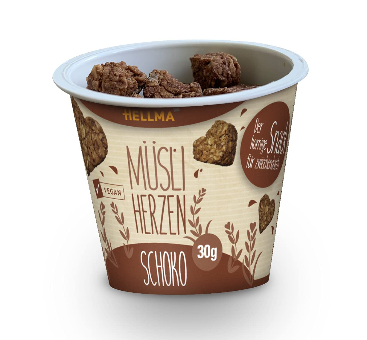HELLMA Herzen mit Müsli und Schokolade – 18 Portionen à 30 g – Mit Schokolade überzogene Haferflocken in Herzform, Take-Away-Becher