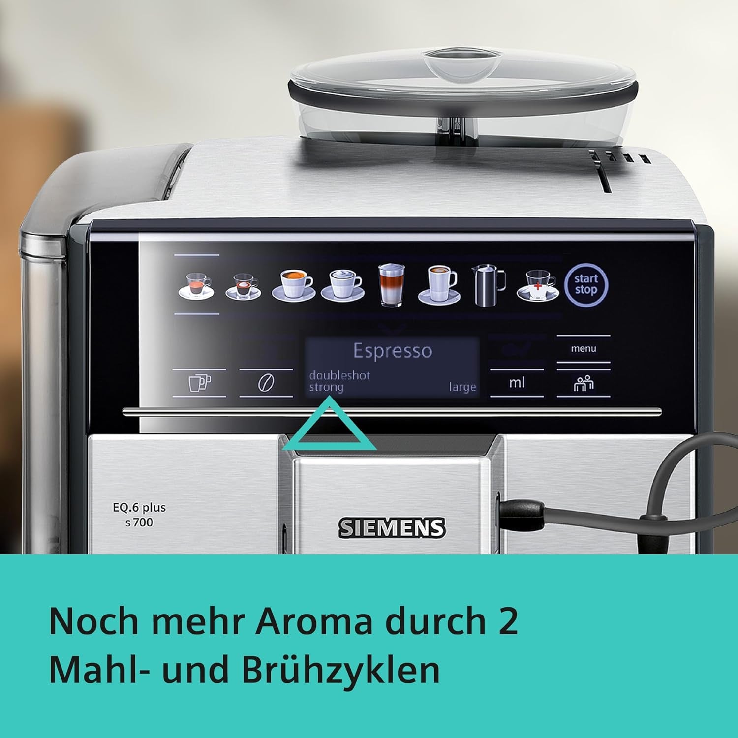 Automatische Espressomaschine Siemens EQ.6 plus s700 TE657503DE, für viele Kaffeespezialitäten, Milchaufschäumer, Keramikmahlwerk, Doppelkaffeefunktion, Antikalk, automatische Dampfreinigung, 1500 W, Edelstahl