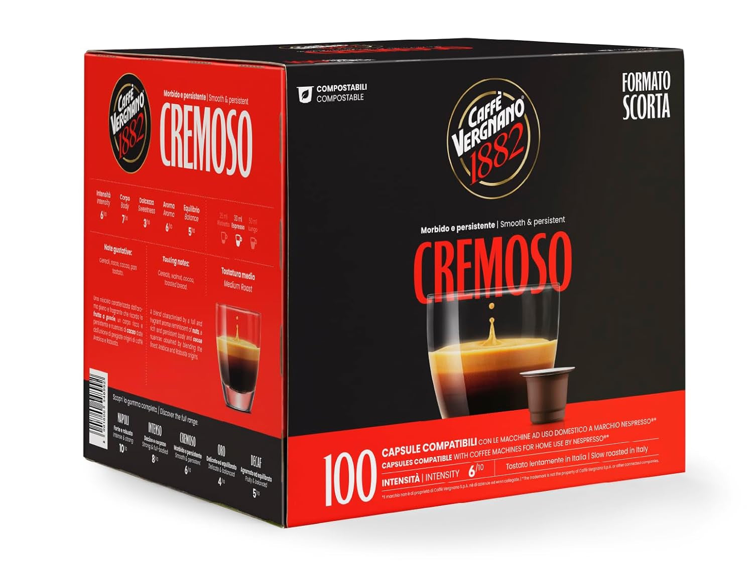 Caffè Vergnano 1882 – Èspresso kompostierbare Kaffeekapseln, kompatibel mit Nespresso, Cremoso (cremig) – Packung enthält 100 Kapseln