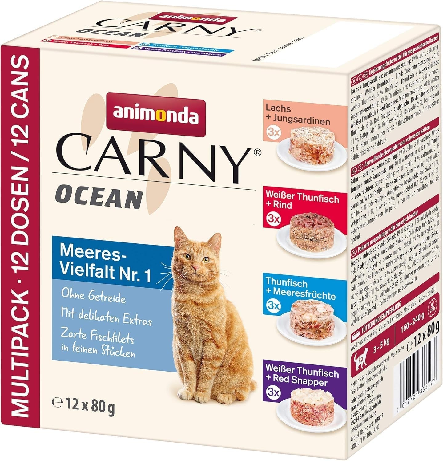 animonda Carny Adult Ocean Marine Sorte Nr. 1 (12 x 80 g), Nassfutter für ausgewachsene Katzen, Nassfutter mit zarten Fischfilets, getreide- und zuckerfreies Katzenfutter