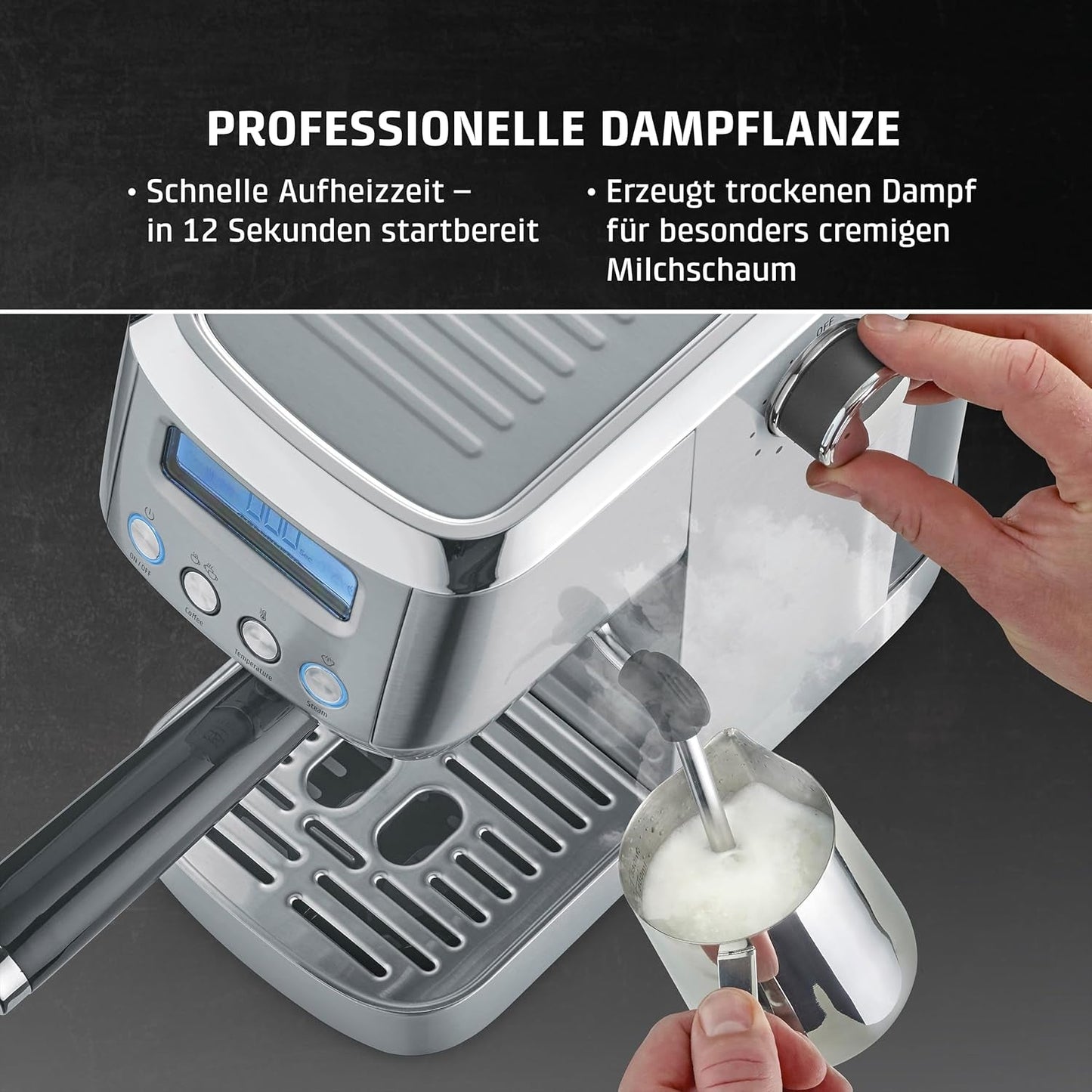 CASO EspressoGourmet Crema – Siebträger-Espressomaschine mit Milchaufschäumer, Espresso, Cappuccino, Edelstahl-Siebträger, ULKA 20-bar-Pumpe, Kaffeemaschine, gemahlener Kaffee, ESE-Kapseln