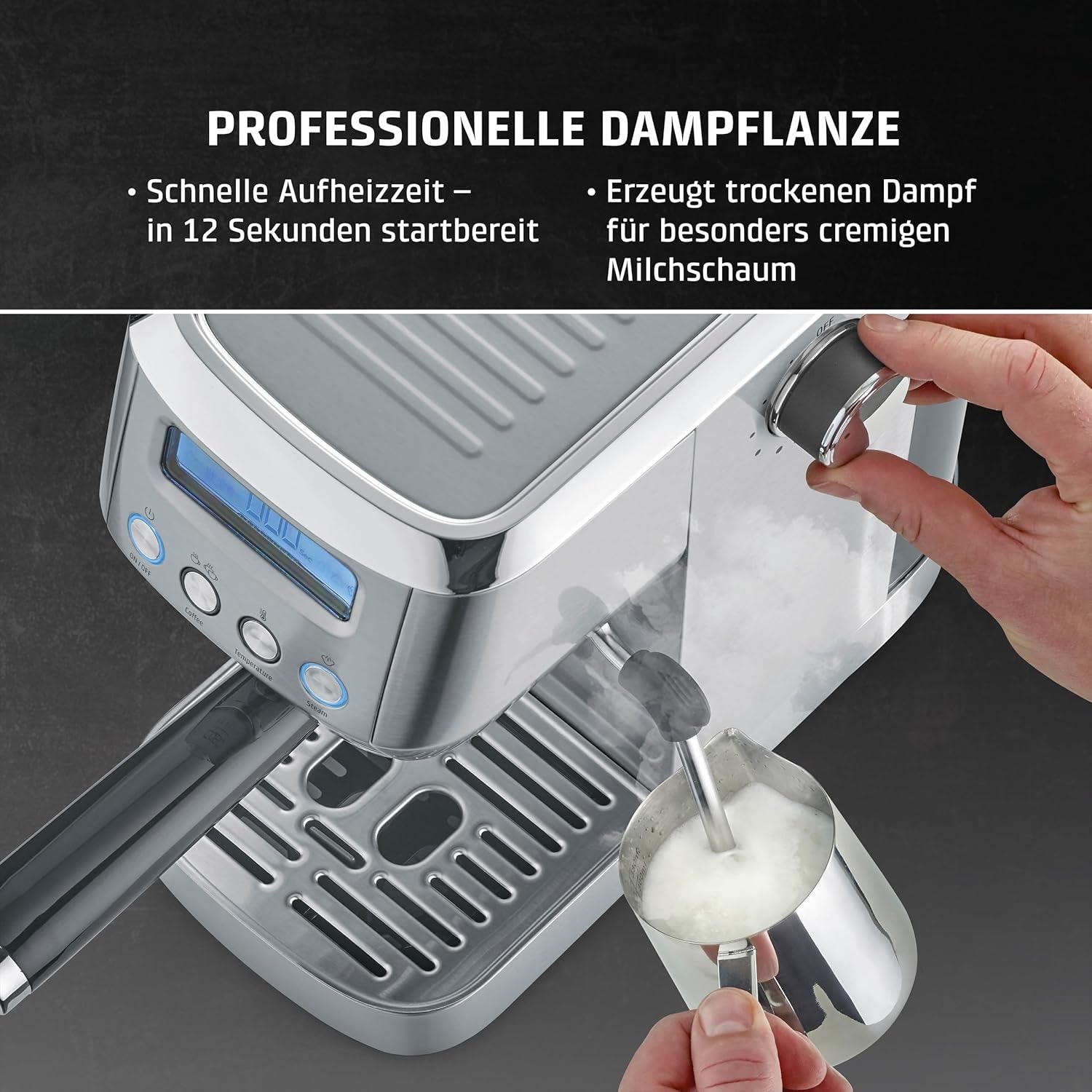 CASO EspressoGourmet Crema – Siebträger-Espressomaschine mit Milchaufschäumer, Espresso, Cappuccino, Edelstahl-Siebträger, ULKA 20-bar-Pumpe, Kaffeemaschine, gemahlener Kaffee, ESE-Kapseln