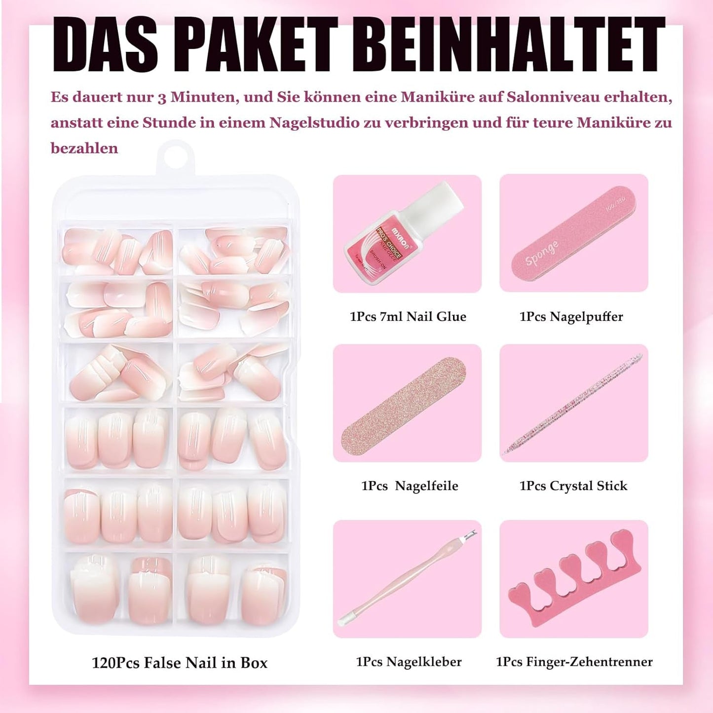 120 Stück nackte rosa künstliche Nägel mit Nagelkleber – 12 Größen kurze, ovale, quadratische Nägel zum Aufdrücken – schöne Nägel, zum Aufkleben auf künstliche Nägel – geeignet für DIY-Nageldesign für Frauen (Squaval Pink Gradient)