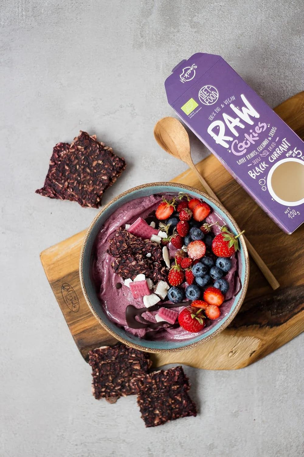 DIET-FOOD RAW Bio-Kekse mit schwarzen Johannisbeeren, gesunder Snack, köstliche Kekse für das Büro, ohne Konservierungsstoffe, 100 g (1 Packung)