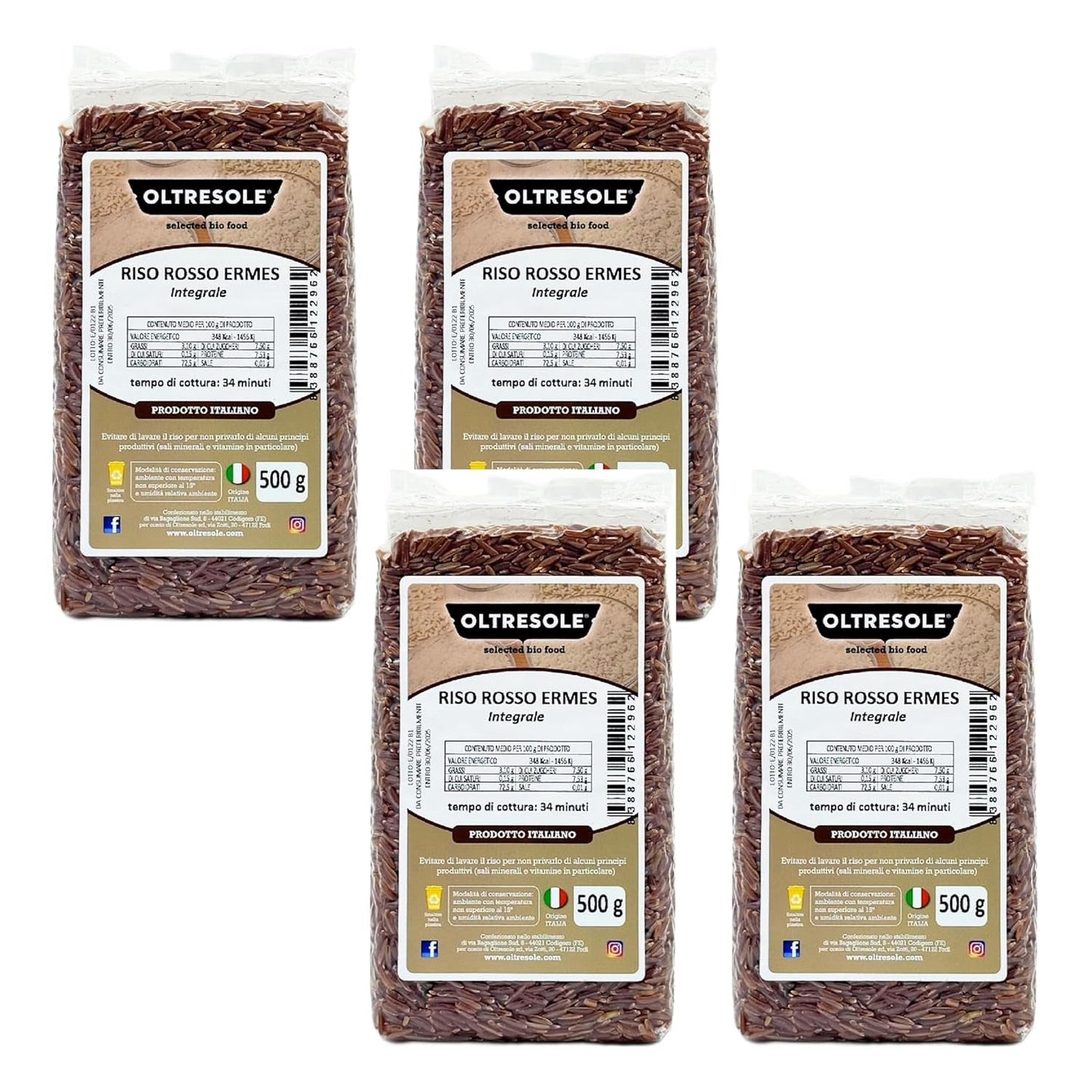 Italienischer Vollkornreis, unraffinierter Reis mit hohem Ballaststoffgehalt, ideal für kreative Reissalate und gesunde Gerichte, vakuumverpackt, 4 Packungen x 500 g