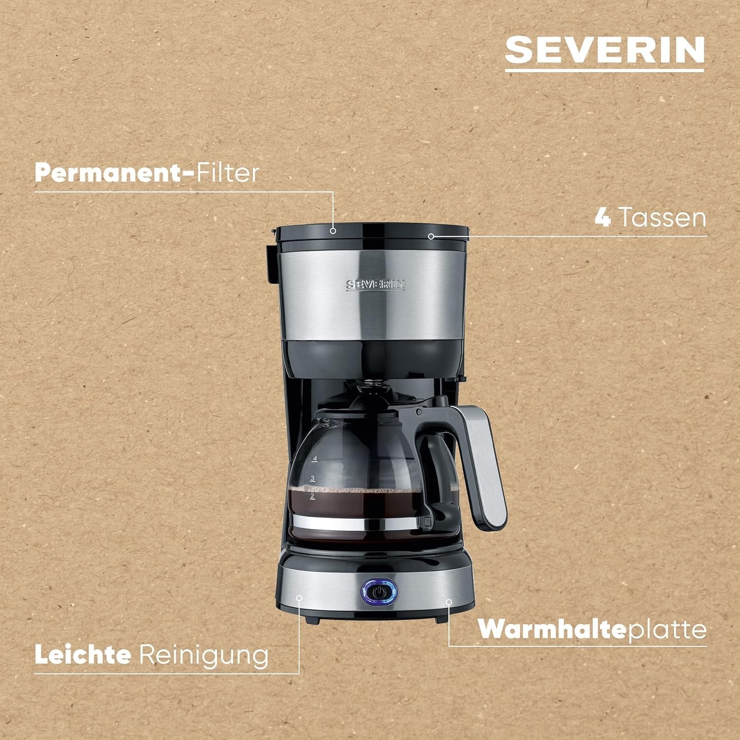 SEVERIN Kompakt-Espressomaschine, aromatischer Kaffee mit Kaffeemaschine für bis zu 4 Tassen, Espressomaschine mit Filter und Permanent-Schwingfilter, Edelstahl/Schwarz, KA 4808