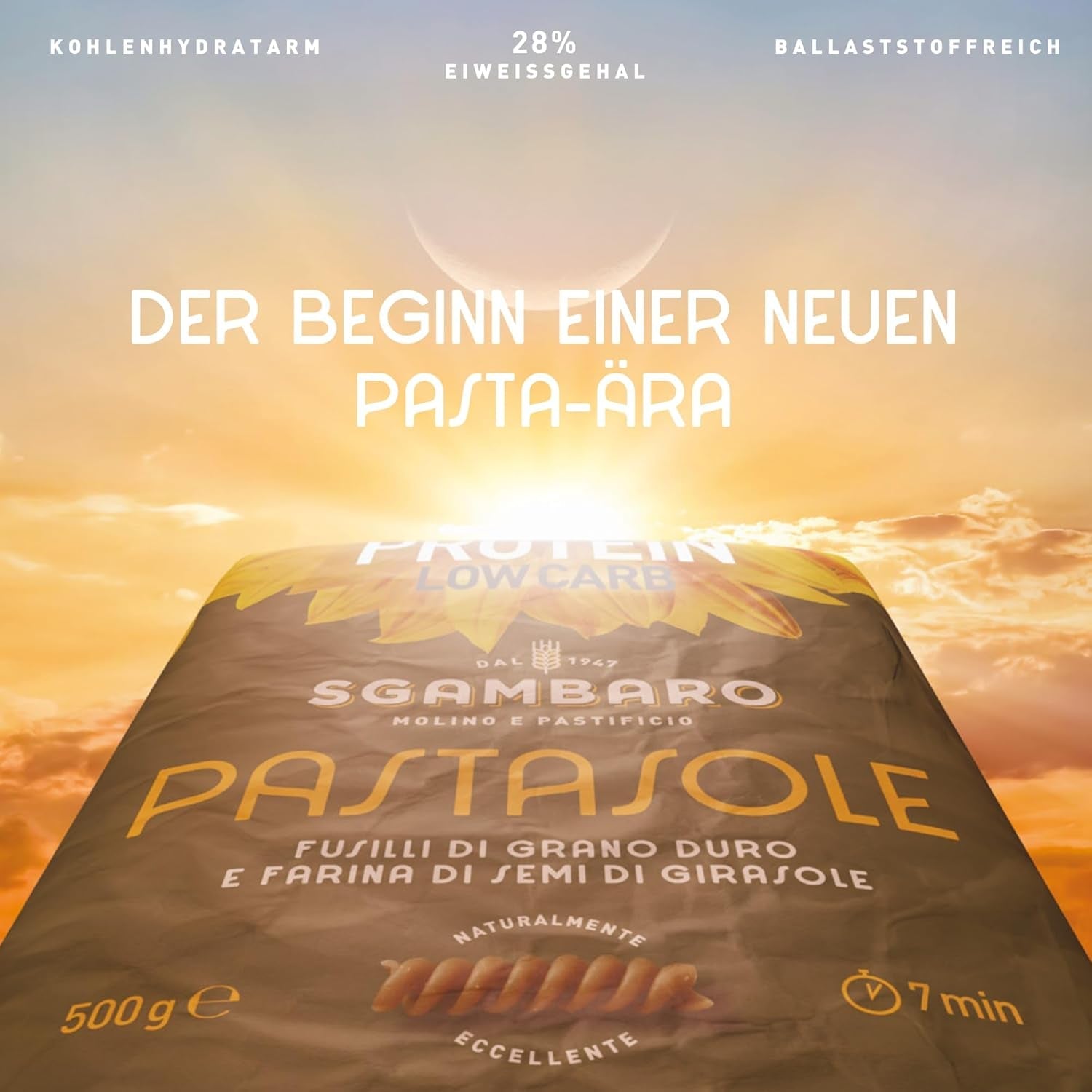PASTASOLE , Penne Rigate mit Hartweizengrieß aus 100% italienischem Anbau und Sonnenblumenkernmehl – ​​500g – High Protein, Low Carb, Hoher Ballaststoffgehalt