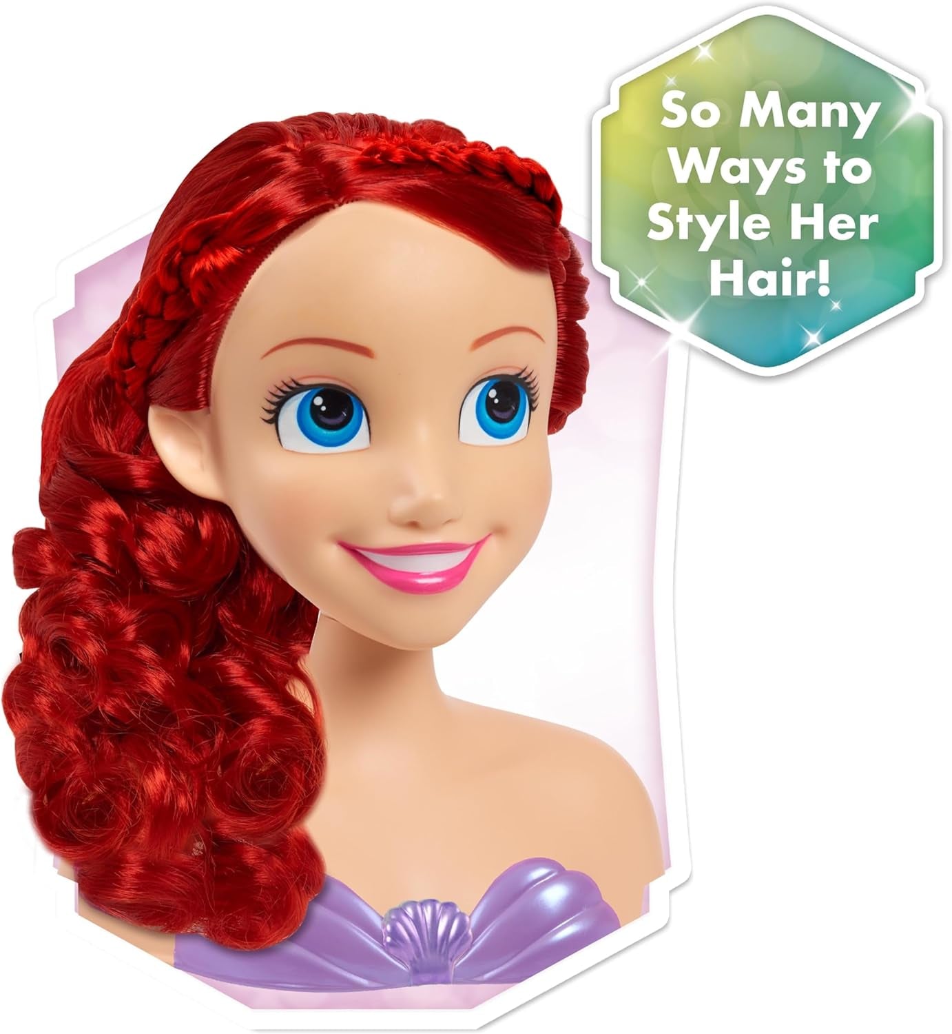 Ariel Just Play Disney Prinzessinnen-Haarkopf, 20 cm, mit Zubehör, 7-teiliges Set, rotes Haarspielzeug für Kinder ab 3 Jahren