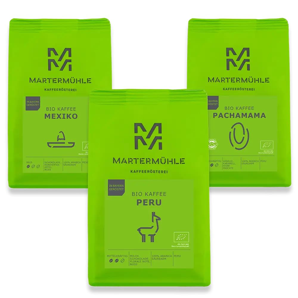 Martermühle Bio-Kaffeebohnen-Probierset 3x250g leicht/mittelstark I Arabica I Ganze Bio-Kaffeebohnen leicht geröstet, geringer Säuregehalt (68/74/426)