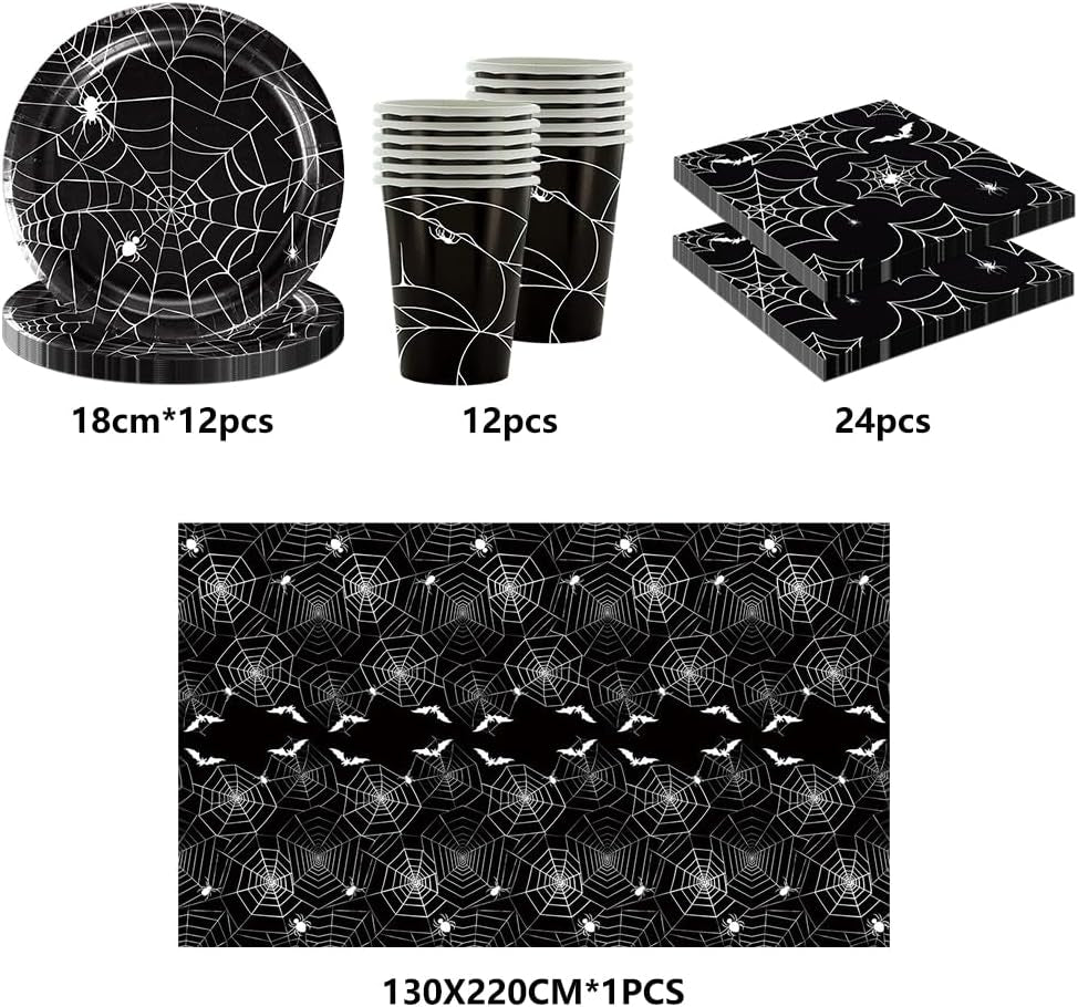 49-teiliges Halloween-Spinnen-Papierbesteckset mit Tellern, Servietten, Gläsern und Tischdecke. Schwarzes Geschirrset mit Desserttellern, Servietten und Gläsern.