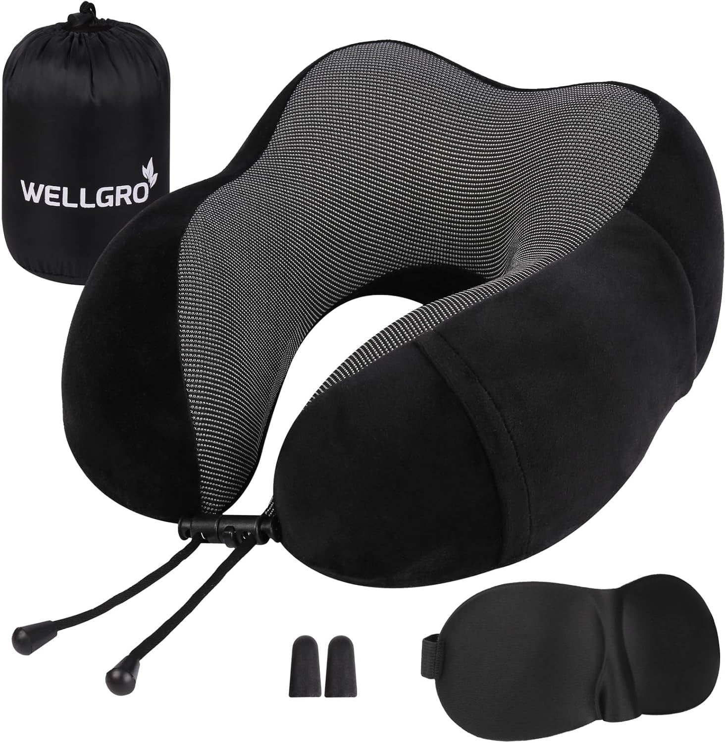 WELLGRO Nackenkissen-Set mit 3D-Schlafmaske und Ohrstöpseln – abnehmbarer Bezug – Memory-Schaum – Reißverschluss – inklusive Aufbewahrungstasche – Reisekissen – Farbe wählbar, Farbe: Grau Naty Shop Orthopädische Nackenkissen Schwarz