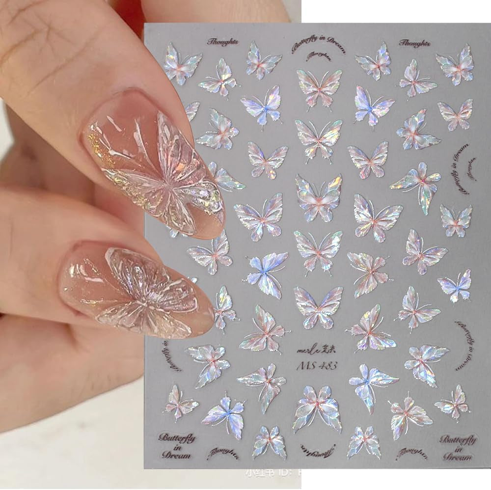 Aurora Shell Schmetterling Nagelsticker Selbstklebend,Erleichterung Schmetterlinge Nail Sticker Rosa Laser Schmetterling Nagelaufkleber Für Frauen Nageldesign Zubehör Nagel Zubehör Nail Art