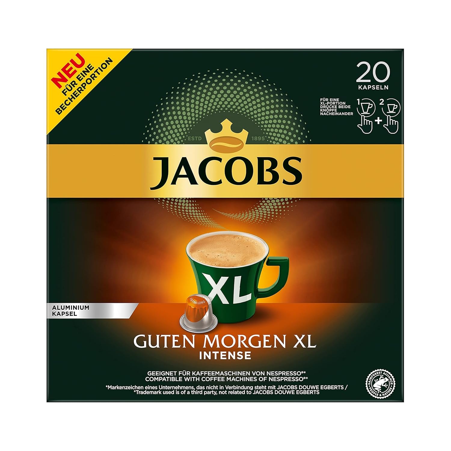 Jacobs Kaffeekapseln Guten Morgen XL Intense - 10er Pack (10 x 20 Getränke) & Kaffeekapseln Krönung Crema, 200 Nespresso-kompatible Kapseln, 10er Pack, 10 x 20 Getränke, 1040 g