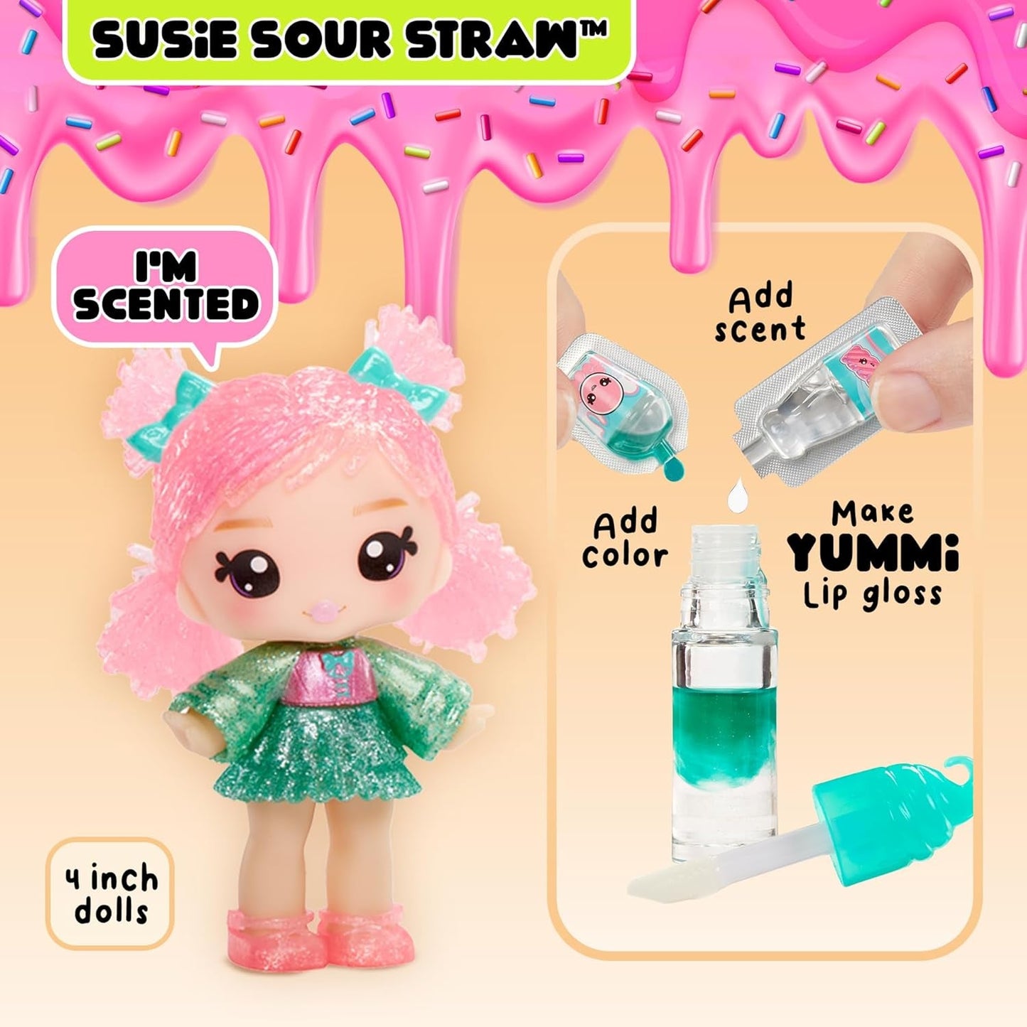 Yummiland Lipgloss-Puppe – Susie Sour Straw – inklusive DIY-Lipgloss-Set, geeignet für Kinder ab 4 Jahren, Serie 2