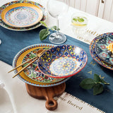 HENXFEN LEAD Porzellan-Geschirr-Set, 12-teiliges Geschirr-Set für 4, buntes Geschirr-Set für 4 – handbemalte Teller, Dessertteller, Suppenteller – Bohemian-Stil