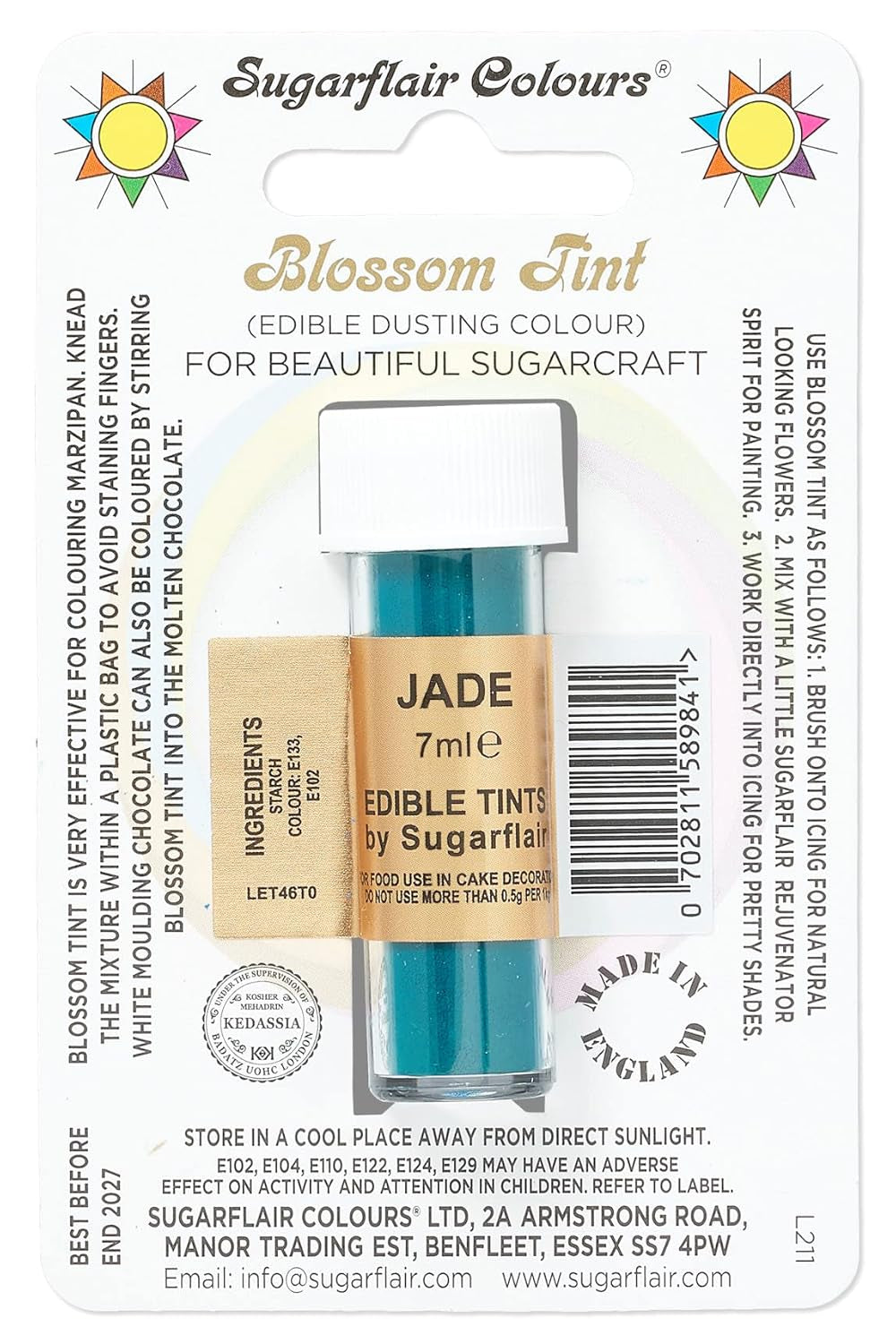 Lebensmittelfarbpulver Sugarflair Blossom Tint Dusting Jade – Lebensmittelfarbpulver zum Dekorieren von farbiger Zuckerpaste, Fondant, Glasur, Schokolade, Buttercreme, Makronen – 7 ml