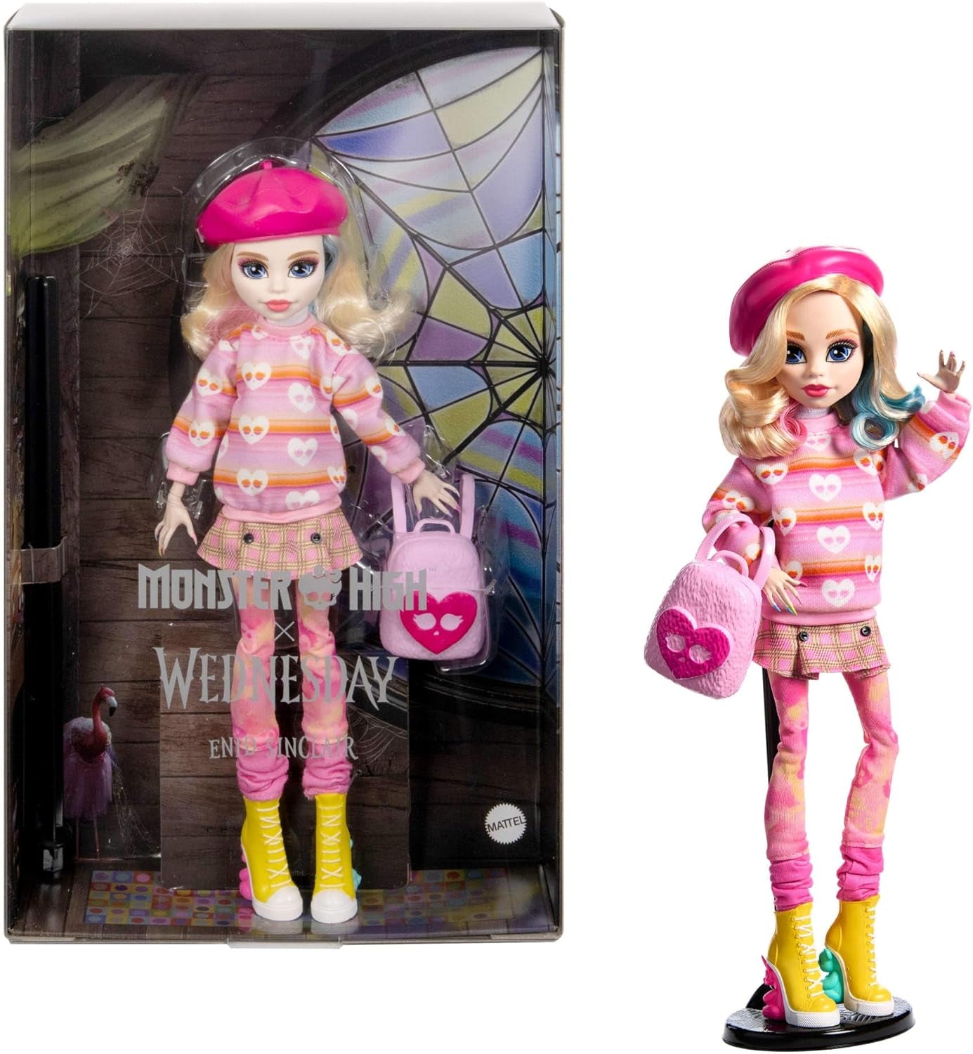 Monster High Wednesday Puppe und Zubehör Enid Sinclair Rosa Baskenmütze und Rucksack Sammelfigur Puppenständer HXJ05 Naty Shop Dolls Standardtitel