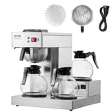 VEVOR Kommerzieller 12-Tassen-Filter-Espressokocher mit 3 Glaskaraffen und 3 Heizplatten, Edelstahl-Espressomaschine mit automatischer Wasserversorgung für Restaurant, Büro, Café