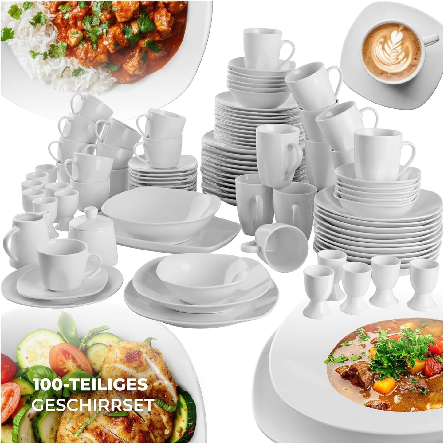 tectake® 12-Personen-Geschirrset, 100-teiliges Porzellan-Geschirrset, bestehend aus 12 Tellern, 12 Desserttellern, 12 Speisetellern, 12 Tassen, 12 Müslischalen, Salatschüssel, Milchkännchen, Zuckerdose