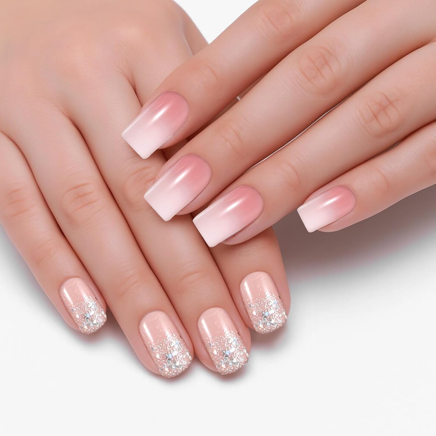 48 Stück kurze Nägel zum Aufkleben, 2 Stile, kurze quadratische französische Nägel mit Nagelkleber und Nagelfeile, rosa, weiße Ombre-Kunstnägel für Frauen