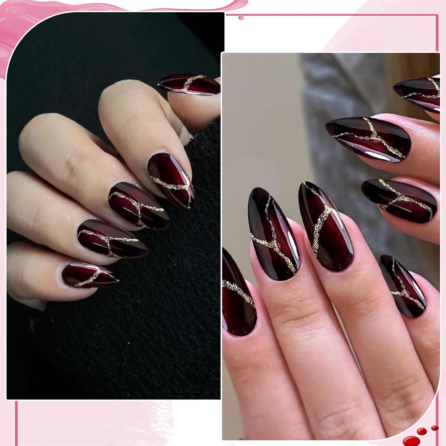 24 Stück rote und schwarze künstliche Nägel zum Aufkleben, künstliche Nägel, zum Aufkleben, mandelförmige Nagelspitzen, vollständige Abdeckung, künstliche Nägel, zum Aufdrücken von Nägeln, Set, rote und schwarze künstliche Nägel